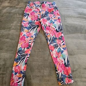 Time and True Hawaiian Floral Pull On Cropped Pants Pink Blue W28/L24 Rise 9in